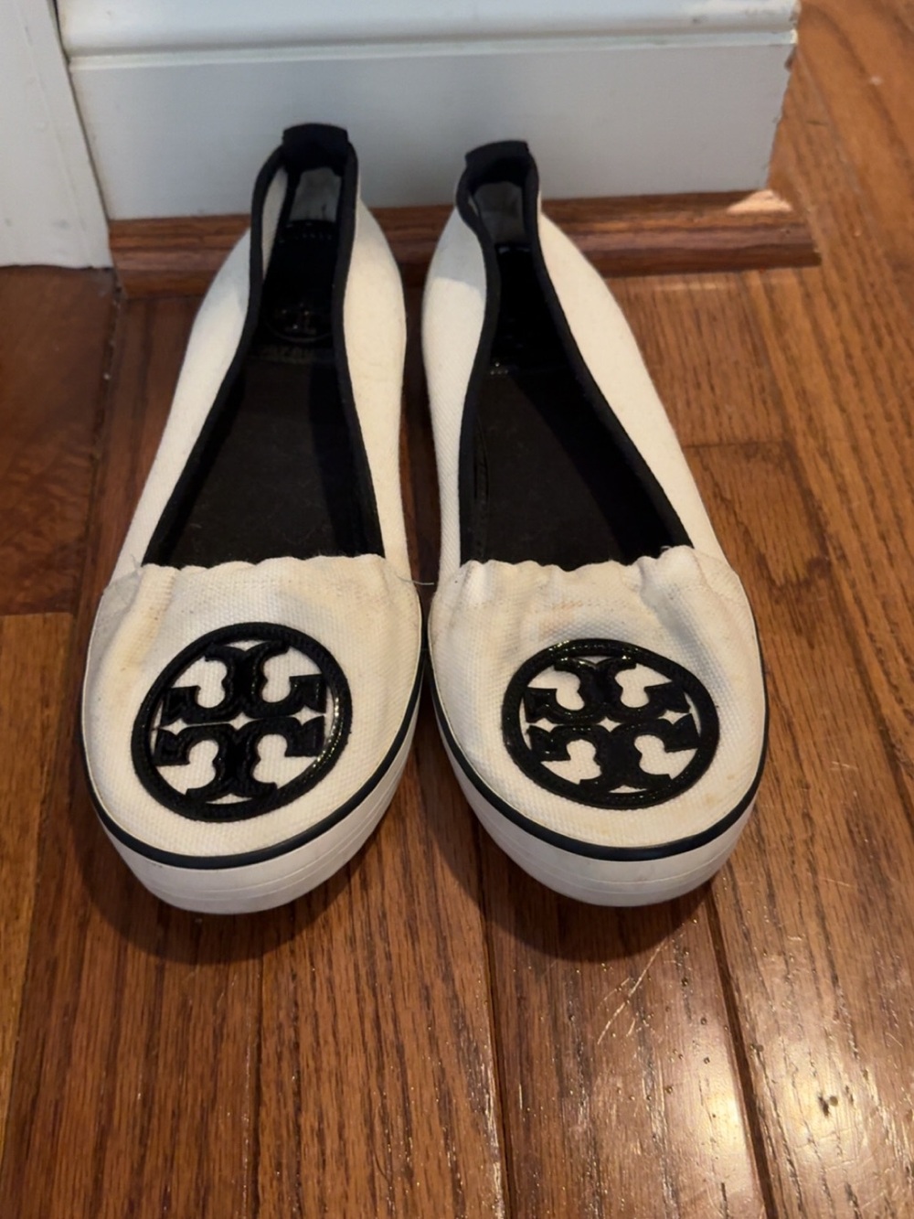 Tory Burch Cream Canvas Ballet Flat with Black Logo Emblem